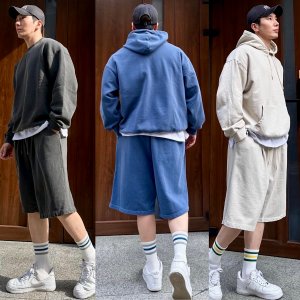 남자 트레이닝복 세트 여름 커플 트레이닝 피그먼트세트 버뮤다 반바지 후드 맨투맨 반팔 셋업