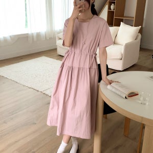 바스락 원피스 리본 허리 스트링 여름 롱원피스 휴양지 핑크 블랙 베이지