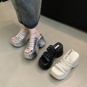 실버샌들 여름 통굽 플랫폼 굽높은 키높이 멀티스트랩 8cm 샌들 힐