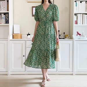 봄 여름 40대 미시 중년여성 기본 심플룩 허리 끈 스트링 브이넥 쉬폰 반팔 롱 원피스