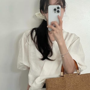샤덴 여성 여름 오버핏 루즈핏 브이넥 퍼프 밴딩 랩 린넨 반팔 블라우스