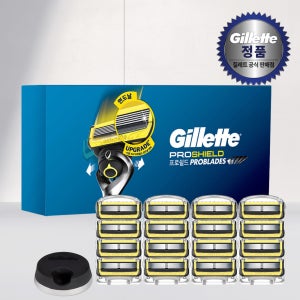 [추가적립]질레트 프로쉴드 옐로우 면도날 16입+매뉴얼 면도기 스탠드