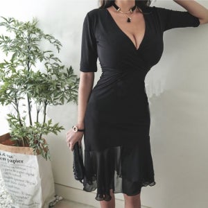 언발란스 프릴 반팔 레이스 원피스