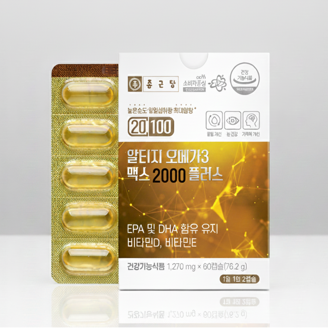 종근당 알티지오메가3 맥스 2000 순도높은 고함량 오메가3 <b>EPA</b> DHA 60캡슐