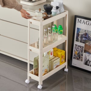 리빙원 공간활용 틈새 선반 트롤리 주방 세탁실 틈새가구 왜건 크림 3단