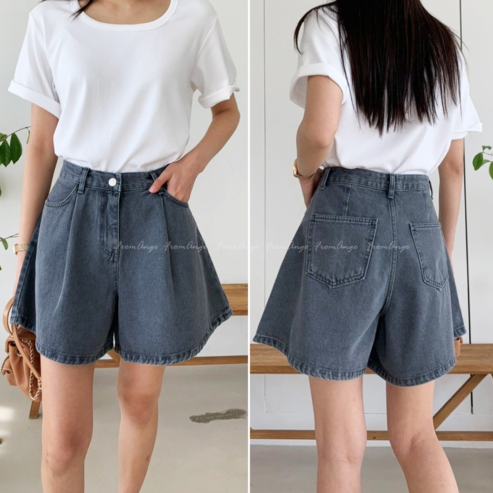 여성 픽턱 그레이 5부 반바지 럭키룸 데님 체형커버 데일리 a라인 팬츠