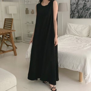 뒷리본 핀턱 민소매 린넨 원피스 빅사이즈 맥시 여름 롱원피스 블랙 블루 베이지 카키