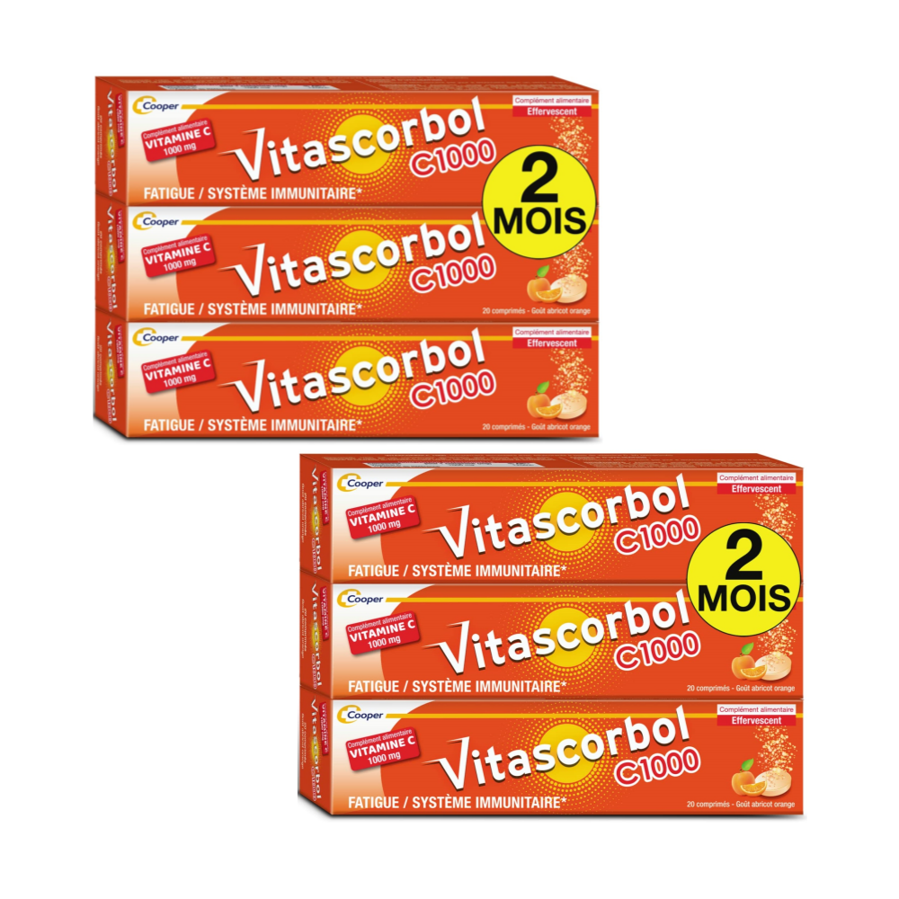 (6팩 구성)Keerciga Vitascorbol 비타민 C 1000mg 살구 맛 발포정 20개