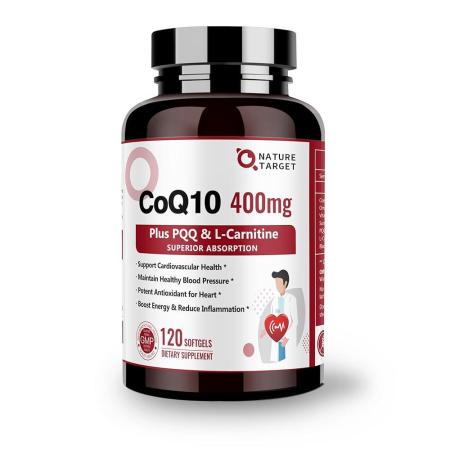 NATURE TARGET <b>CoQ10400</b>mg PQQ L카르니틴 및 오메가3 함유 <b>바이오페린</b> 고흡수 코엔자임Q10 심장 뇌 면역 체계 에너지 생산 지원 120회 분량
