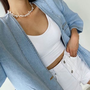 오버핏 노카라 박시 브이넥 반팔 청자켓