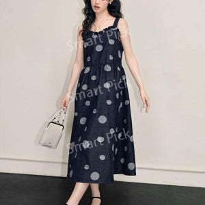Sol 와이드 컬러 멜빵 땡땡이 무늬 드레스 여성 여름 데님 스커트 원피스 데이트룩