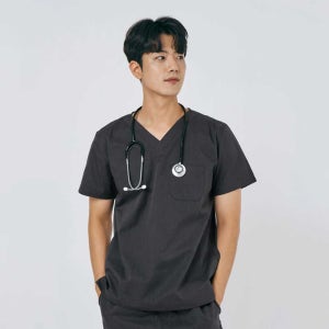 101M-2 면혼방 남성 쿨스판 V넥 베이직 스크럽 그레이 상의 1개 간호복 병원