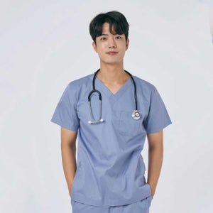 101M-3 면혼방 남성 쿨스판 V넥 베이직 스크럽 인디고 상의 1개 간호복 병원