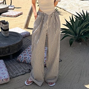 3컬러 바캉스 스트라이프 팬츠 / 빅사이즈 와이드 통큰 휴양지 여성 밴딩 여름바지