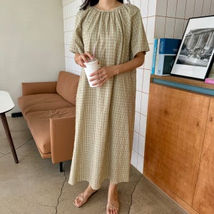 지지미 체크 뒷 리본 끈 넥 셔링 롱 여름 임부복원피스 임산부 만삭