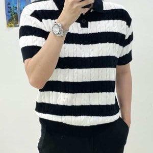 스트라이프 카라니트 댄디한 단가라 반팔티