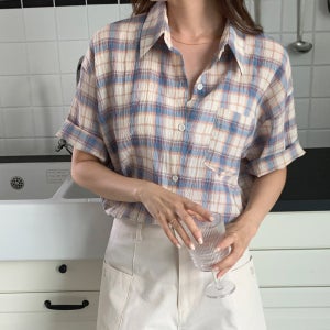 여성 린넨셔츠 반팔 아사면 여름셔츠 루즈핏 얇은 체크 남방 시어서커 핑크 소라색 그린