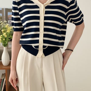 마린스트라이프 카라 세일러 반팔 니트 가디건 3color