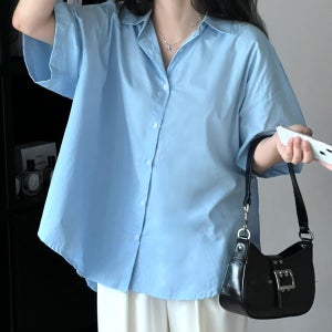 여름 반팔 셔츠 남방 여성 오버핏 코튼 하늘색 블라우스