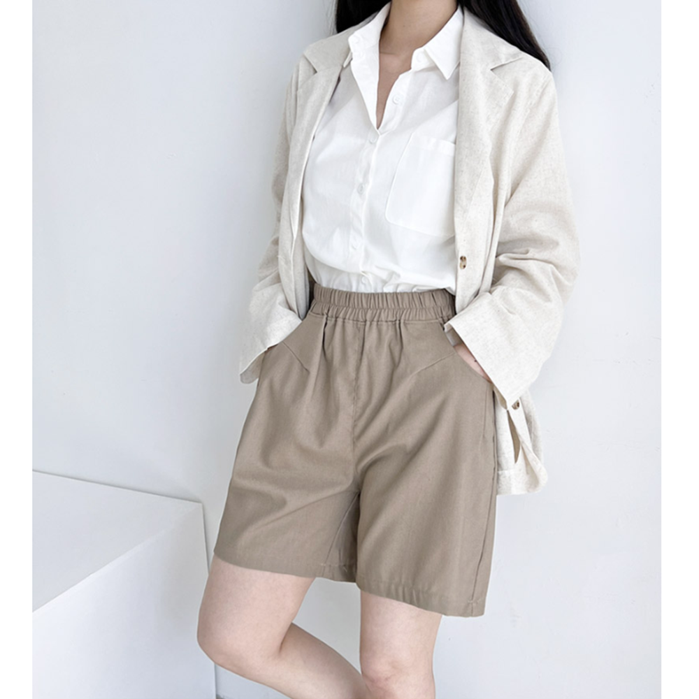 베이지색반바지 여성 여름 고무줄 밴딩 프렌치린넨 면 4부반바지