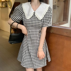 20대여자원피스 여름 반팔 카라 미니 대학생 데이트룩 체크원피스