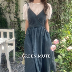 래이니 뷔스티에 가을 데님 레이어드 원피스 스모크밴딩 진청 봄 여름 그린뮤트