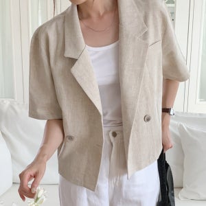 여성 여름 자켓 반팔 린넨 자켓 세미 크롭 재킷 크림 브라운 블랙