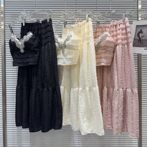 (5color)큐빅 보석 비즈 캐미솔 크롭 블라우스 탑 셔츠 레이스 롱 스커트 투피스 세트