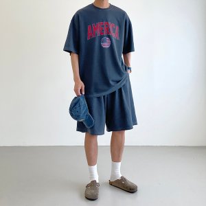 남자 반팔셋업 피그먼트세트 5부티 오버핏 와이드 반바지 프린팅 여름트레이닝