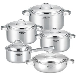 키친아트 스텐 인덕션 냄비세트 통3중 냄비 가스렌지겸용 5종, 편수+양수+전골, 1세트