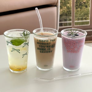 레터링 카페컵 투명 내열 유리잔 쥬스 맥주잔 냉온 겸용 귀여운 물컵 380ml 5종 택1