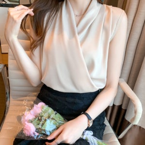 새틴 나시 블라우스 여름 실크 민소매 V넥 랩 셔링 셔츠