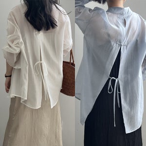 드래시 오간자 시스루 뒤트임 롱 긴팔 셔츠 블라우스 텐셀 백리본 휴양지룩 레이어드 그린뮤트