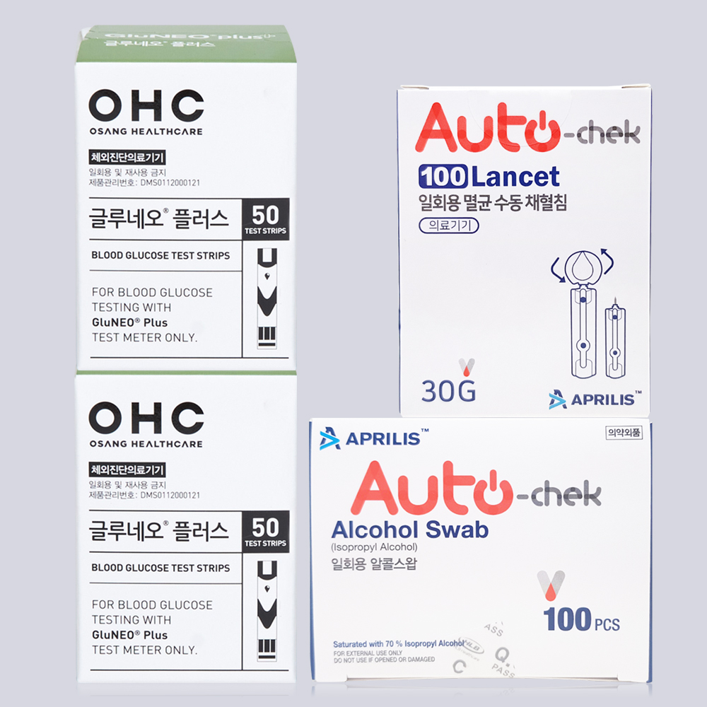오상헬스케어 혈당 스틱 스트립 측정 글루네오플러스 검사지 100매 알콜솜100매 사혈침100개