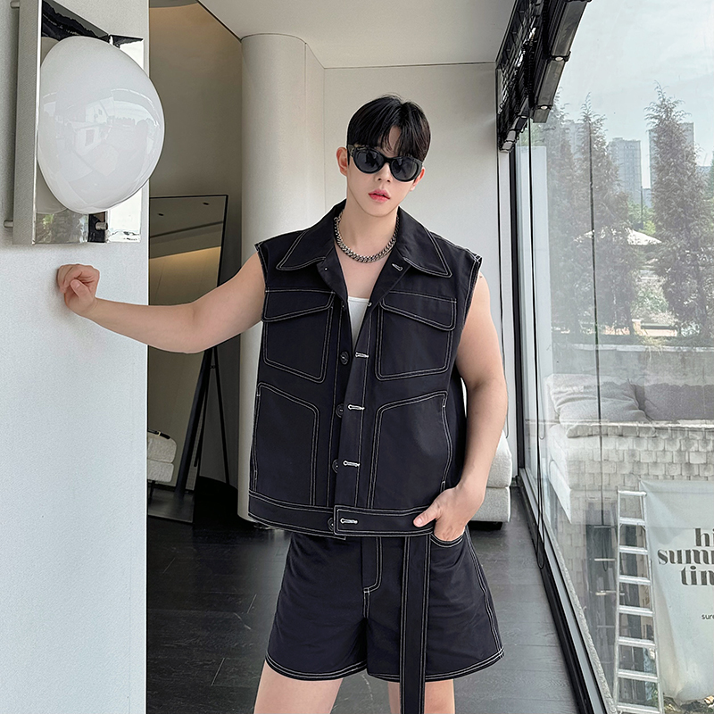 카고반바지 투피스세트 캐주얼 조끼 틈새 반바지 복고풍 슈트 여름