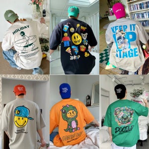 남자 오버핏반팔 여름 가족티 빅사이즈 캐릭터 프린팅 두꺼운 반팔 티