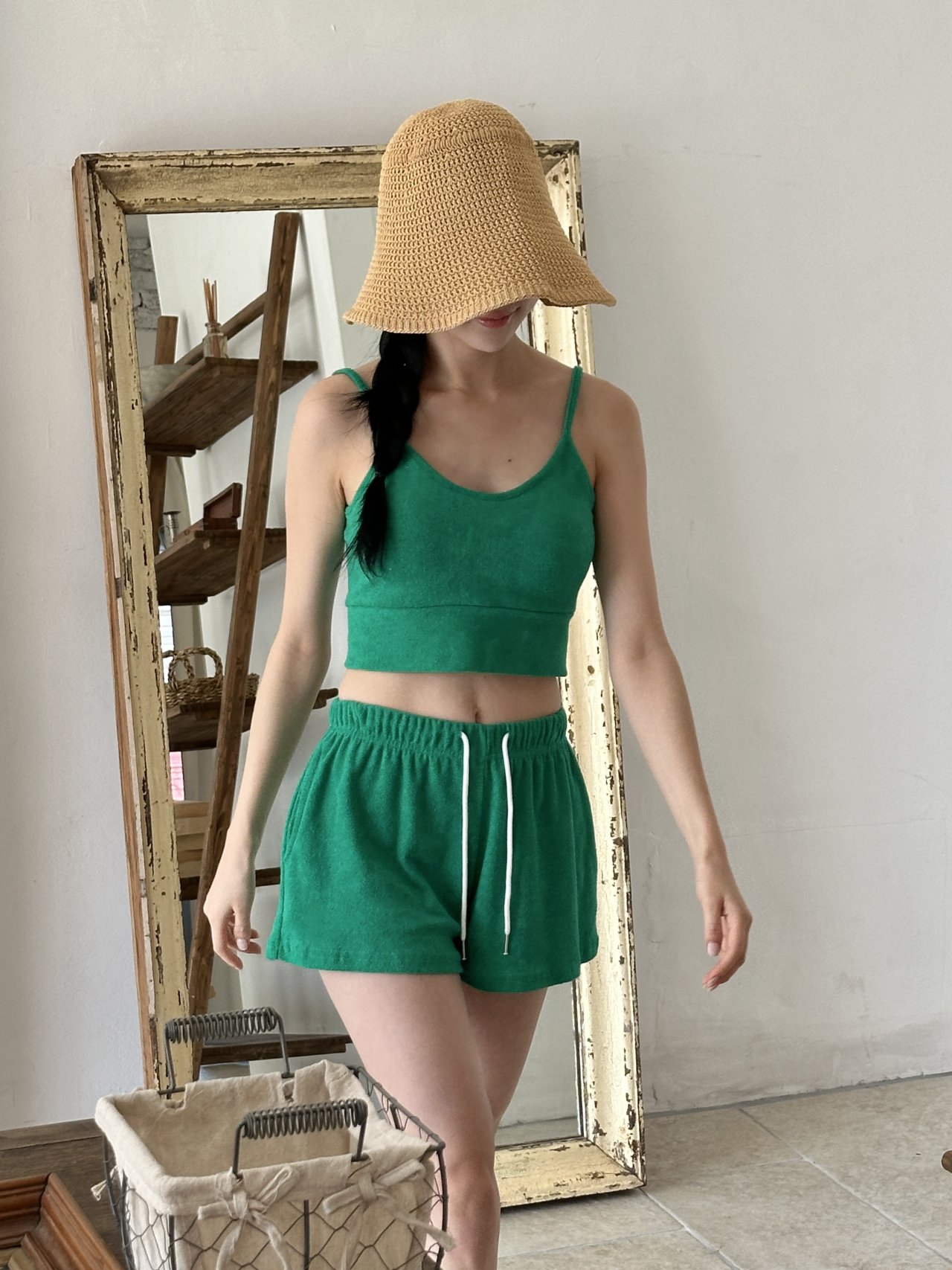 프리티크 테리 크롭 브라탑 수영복 비키니 반바지세트 바캉스 셋업 투피스 타올수영복