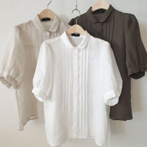 여름 블라우스 단정한 외출룩 출근룩 여성 카라넥 린넨100 핀턱 반팔 블라우스(3컬러)