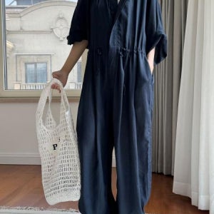 귀여운 네이비 여성 린넨 점프 수트 루즈핏 오버핏 봄 여름 데일리룩