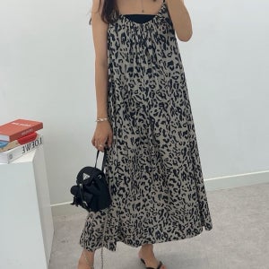 레오파드 호피 끈 나시 뷔스티에 루즈핏 원피스 휴가룩