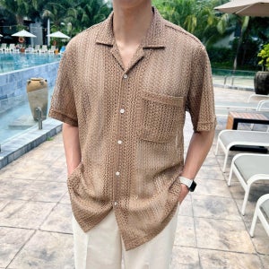 남자 반팔 셔츠 오픈카라 시스루 그물 남방