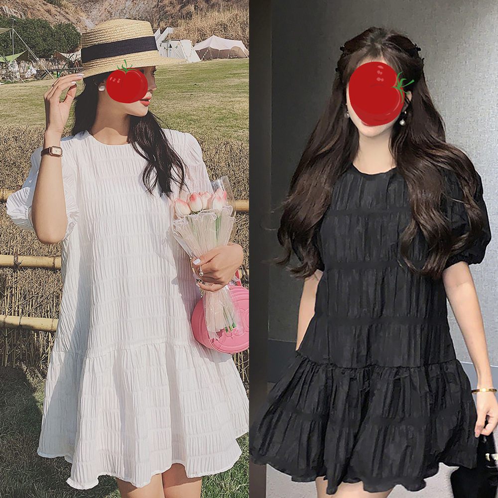 플리츠 퍼프 소매 편한 4부 링클 프리 원피스 봄 여름 화이트 블랙 키큰녀