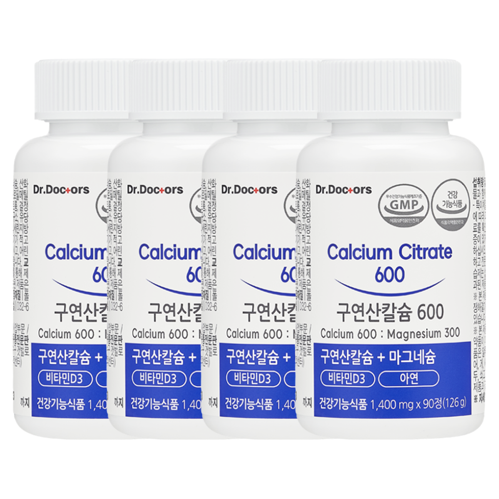<b>닥터닥터스</b> 구연산 칼슘 600 칼마디 아연 비타민K2 90캡슐, 4개