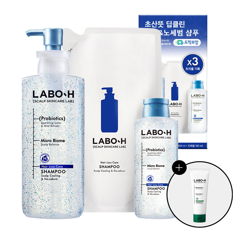 라보에이치 여름 쿨샴푸 지성 <b>탈모</b> 대용량 두피스케일링 400ml&amp;400ml리필&amp;180ml