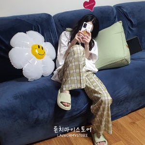 론치마이스토어 여름 체크바지 데일리 밴딩팬츠 홈웨어 일자 체크팬츠 이지웨어 여행 휴양지룩