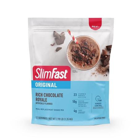 SlimFast 식사 대용 파우더 오리지널 리치 초콜릿 로얄 <b>체중 감량</b> 쉐이크 믹스 단백질 10g 52회 분량 포장은 다를 수 있음