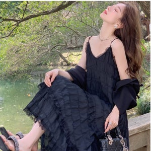 레이스 끈 나시 캉캉 원피스 프릴 뷔스티에 롱원피스