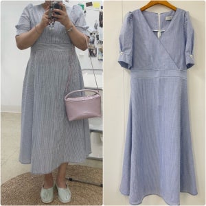 빅사이즈 시어서커 마린 원피스 스트라이프 퍼프 에이라인 롱원피스 지지미