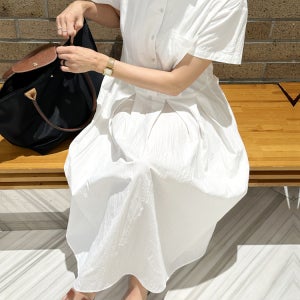 퓨어 카라 셔츠 루즈핏 주름 롱 플레어 원피스 여름원피스