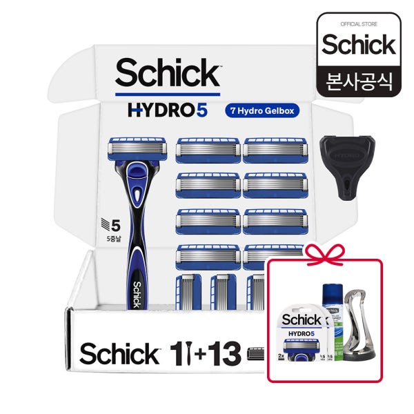 LG생활건강 글로벌브랜드샵 쉬크 하이드로5 5중날 면도기 면도칼 오리지널 핸들1+날13+커버1 기획팩+(증정)베이직날 2입+라임폼 60g+전용스탠드